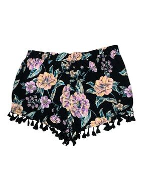 Fresh Water Black Pink Floral Pull Up Shorts Tassels Cover Up Lounging Large